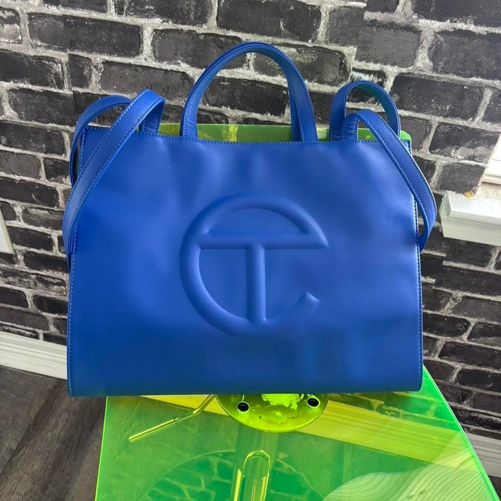 Telfar blue leather tote bag